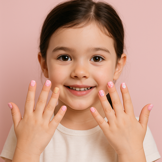 Petite fille avec faux ongles roses pour enfants, pose XS adhésive, manucure douce et sécurisée – Nails Floor.