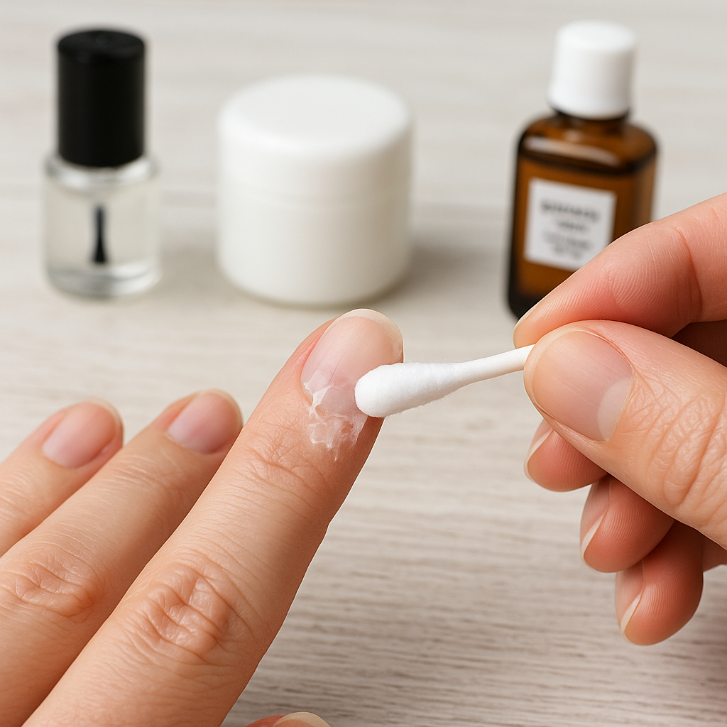 Gros plan sur une main en train d’enlever de la colle à faux ongles sur la peau avec un coton-tige, sur fond de produits de soin pour ongles.