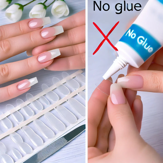 Photomontage montrant la pose de faux ongles avec des adhésifs sans colle, et un tube de colle barré en arrière-plan.