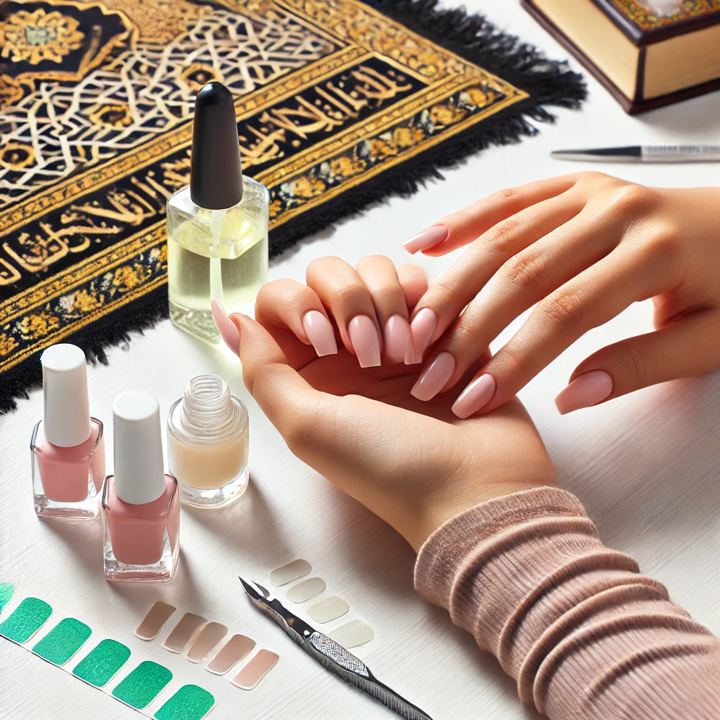 Image montrant une femme appliquant des faux ongles avec un tapis de prière en arrière-plan, évoquant l'équilibre entre beauté et respect des ablutions.