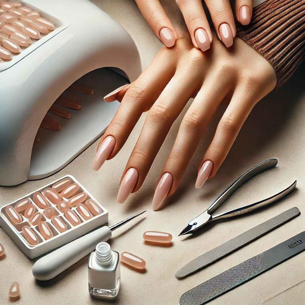 Image illustrant la pose américaine (capsule Gel X) avec des capsules en gel appliquées sur des ongles, accompagnée d'outils comme une lampe UV et une lime.