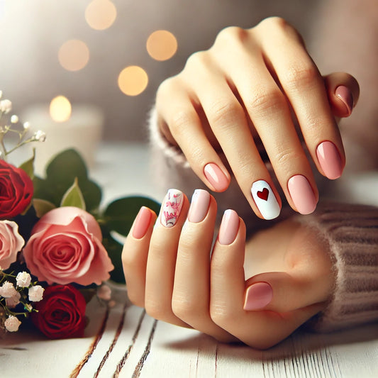 Image montrant une manucure romantique pour la Saint-Valentin avec des ongles élégants dans des tons roses ou rouges, entourée d'éléments doux comme des roses.