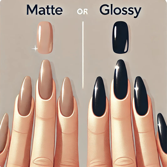 Comparaison entre des ongles mats sans aucun reflet et des ongles brillants, sur un fond clair et minimaliste pour mettre en valeur les deux finitions.