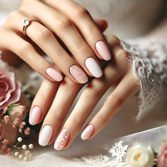 Image illustrant une manucure de mariage élégante avec des ongles délicats et des détails raffinés, sur fond romantique avec une bague de mariage visible.