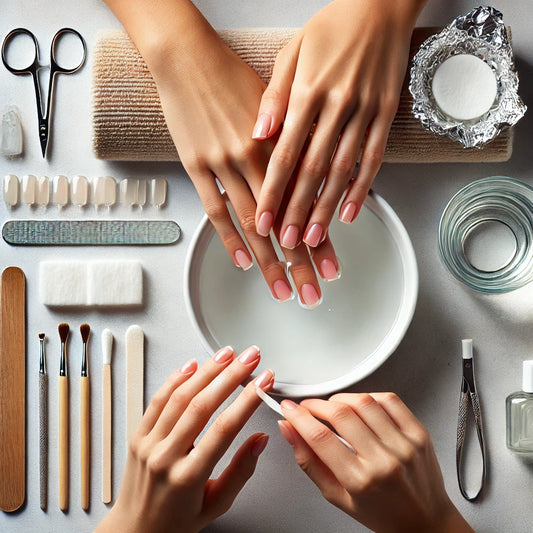 Illustration montrant le processus de retrait des faux ongles en gel, avec un trempage dans l'acétone et un repousse-cuticules utilisé pour retirer délicatement le gel.