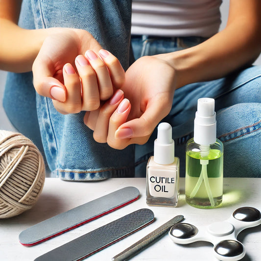 Image montrant une personne essayant d'arrêter de se ronger les ongles, avec des outils de soin comme une lime à ongles et de l'huile pour cuticules en arrière-plan.