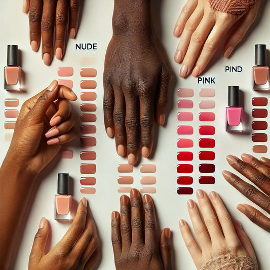 Image illustrant différentes couleurs de vernis à ongles présentées à côté de diverses teintes de peau, mettant en valeur les choix de vernis adaptés à chaque couleur de peau.