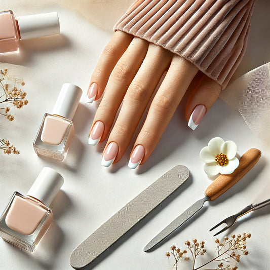 Image illustrant l'art de la French manucure avec des faux ongles, mettant en avant des ongles aux bouts blancs sur une base nude ou rose pâle, accompagnée d'outils de manucure.