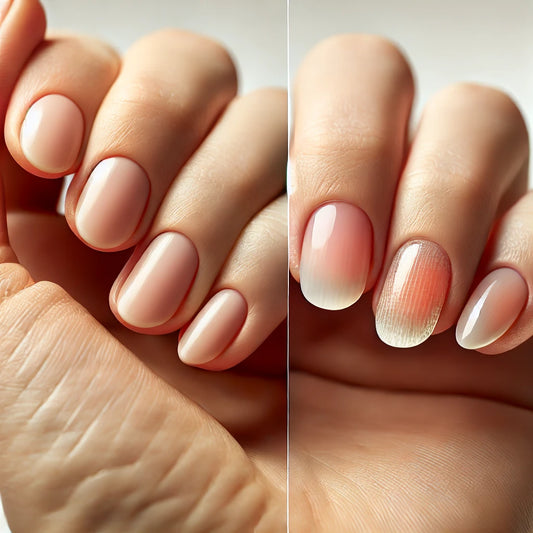 Image montrant un gros plan de faux ongles à côté d'ongles naturels, illustrant les signes d'usure et les effets potentiels sur la santé des ongles.