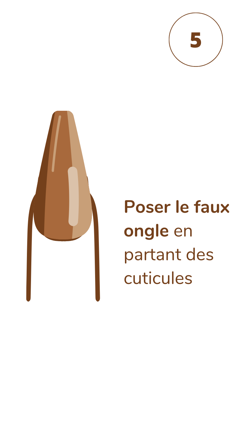 Pose d’un faux ongle brillant sur l’adhésif en partant de la base des cuticules pour une manucure propre et naturelle